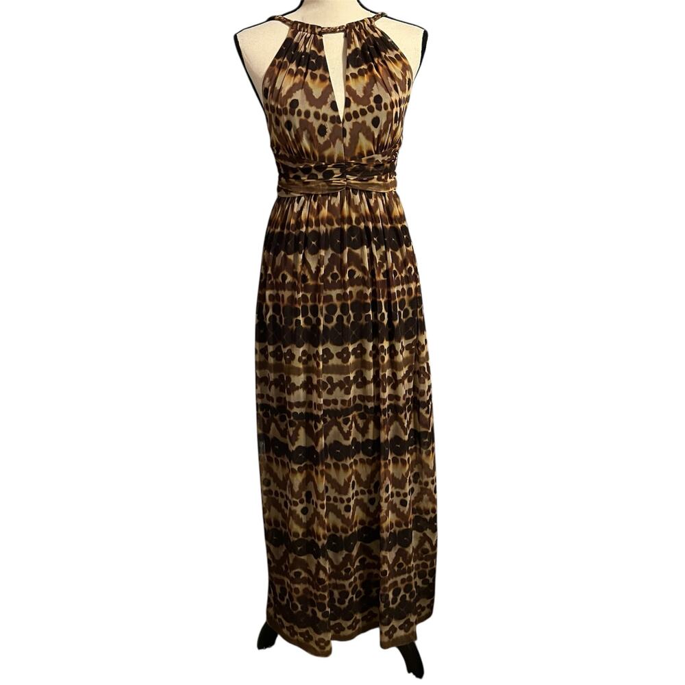 London Times Women's Brown Leopard Print Halter Dress Sz 8 Maxi Ruched Falltime